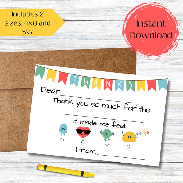 Printable Kids Thank You, Fill in the Blank Thank You, Kids Stationery, Kids Birthday Thank You, Thank You Note