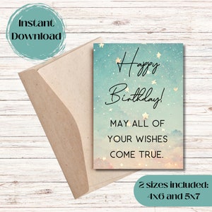 Tarjeta de felicitación de cumpleaños imprimible, temática de estrellas y arcoíris, "Deseo a una estrella" para niños, regalo para ella, regalo para niño, regalo para hija