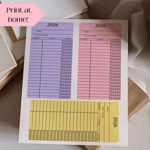 May include: Printable book tracker with three sections for 2026. The top two sections are lavender and pink with columns for name, date range, author, title, and rating. The bottom section is yellow with columns for name, date range, author, title, and rating.