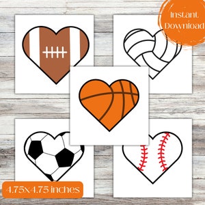 Set druckbarer Herz-Sport-Grußkarten, einfache Valentinstagskarten für Fußball-, Basketball-, Football-, Baseball- und Vollballliebhaber