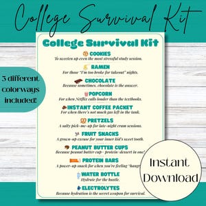 College Survival Kit afdrukbaar, checklist eten en snacks voor slaapzaal, ideeën zorgpakket finale, direct downloaden, examens, cadeau voor student