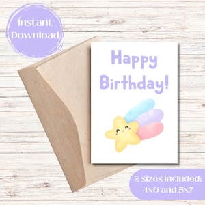 Druckbare Geburtstagskarte, Karte mit Stern und Regenbogen Thema, Wunsch nach einem Stern Kindergeburtstag, Geschenk für Sie, Geschenk für Kind, Geschenk für Tochter