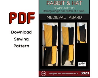 May include: A sewing pattern for a medieval tabard with a black and yellow checkered design. The pattern is titled "RABBIT & HAT SEWING PATTERN Making magic one stitch at a time... MEDIEVAL TABARD" and includes the number "3923".