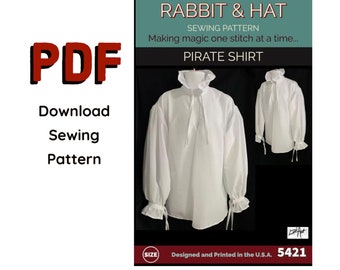 May include: A white pirate shirt sewing pattern with long sleeves and ruffled cuffs. The image includes the text "RABBIT & HAT SEWING PATTERN PIRATE SHIRT" and "Designed and Printed in the U.S.A.". The words "PDF Download Sewing Pattern" are also visible.