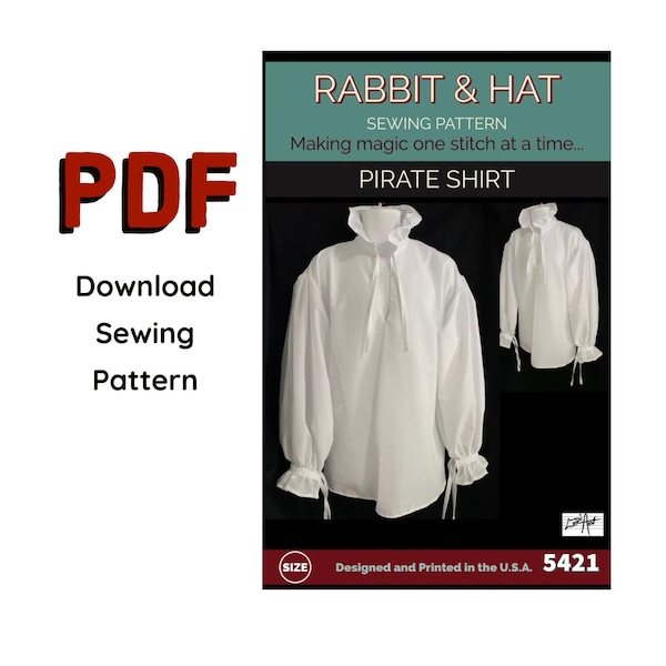 PDF - Plus Size 5X MENS Pirate Top Shirt Medieval Renaissance Garb Top New 5421 Rabbit and Hat Sewing Pattern - Ruffle Cuffs and Collar