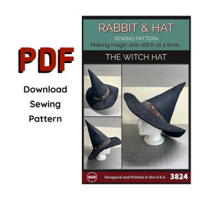 May include: PDF sewing pattern for a witch hat. The pattern includes instructions for making a black witch hat with a wide brim and a pointed crown. The hat is decorated with a black and gold ribbon. The pattern is designed and printed in the USA. The pattern number is 3824.