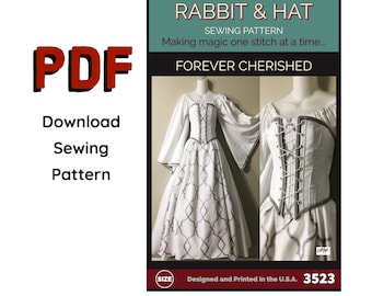 PDF Size 1X Forever Cherished BUNDLE 3423 New Rabbit and Hat Sewing Pattern Renaissance Medieval Bride Wedding Bodice, Fantasy Top, Skirt