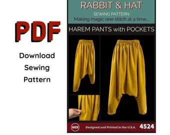 Patrón de costura PDF unisex para pantalones harem, estilo medieval renacentista, 4524, con conejo y sombrero. Tallas incluidas: XS-5X Plus.