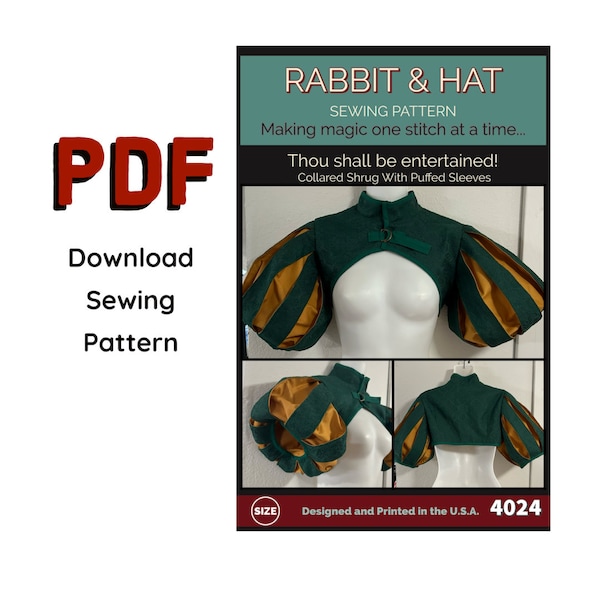 PDF SIZE MEDIUM Collared Shrug with Puffed Sleeves 4024 New Rabbit and Hat Sewing Pattern Medieval Renaissance Bolero Top Tudor Bard Jacket