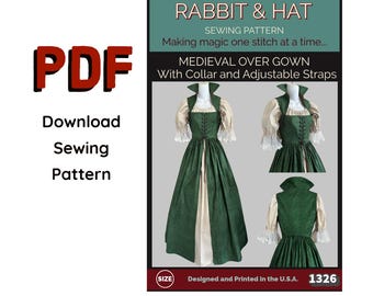 PDF Size 5X Medieval Over-Gown w/Collar 1326 New Rabbit & Hat Sewing Pattern Detailed Photos Step by Step Renaissance Garb Dress Costume