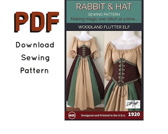 PDF Size XL Woodland Flutter Elf Renaissance Peasant Chemise Top, Waist Cincher, Skirt 1920 New Rabbit & Hat Sewing Pattern Summer Style