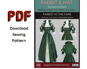 PDF Size 5X Fairest At The Faire BUNDLE 1426 Rabbit & Hat Sewing Pattern Chemise Over Gown Detachable Sleeves Renaissance Dress Costume