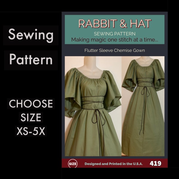 Flutter Sleeve Chemise Gown with Rope Tie Belt 419 New Rabbit & Hat Sewing Pattern - Choose Size XS S M L XL 2X 3X 4X 5X