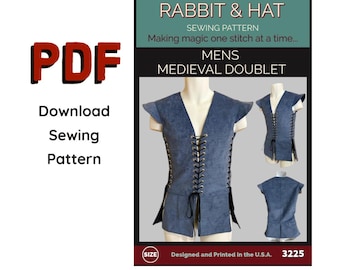 PDF 4X MENS Medieval Doublet 3225 New Rabbit & Hat Sewing Pattern Renaissance Pirate Vest LARP Musketeer Elvish Fantasy Jerkin