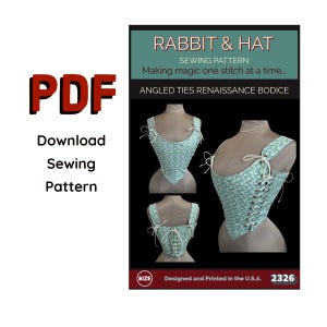 May include: A PDF sewing pattern for an angled ties renaissance bodice titled Rabbit & Hat. The pattern features a light blue floral print bodice with white lacing and ties, shown on a mannequin from the front, side, and back views.