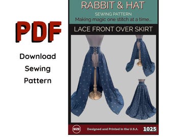 May include: A PDF sewing pattern for a lace front over skirt. The design features a high-waisted skirt with a lace-up front and a flowing, open front. The pattern includes multiple views of the skirt and is designed and printed in the U.S.A.