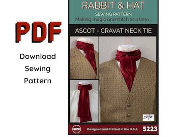 May include: PDF sewing pattern for a red ascot or cravat necktie. The pattern is titled "Rabbit & Hat Sewing Pattern: Making magic one stitch at a time... Ascot - Cravat Neck Tie" and has the number 5223.