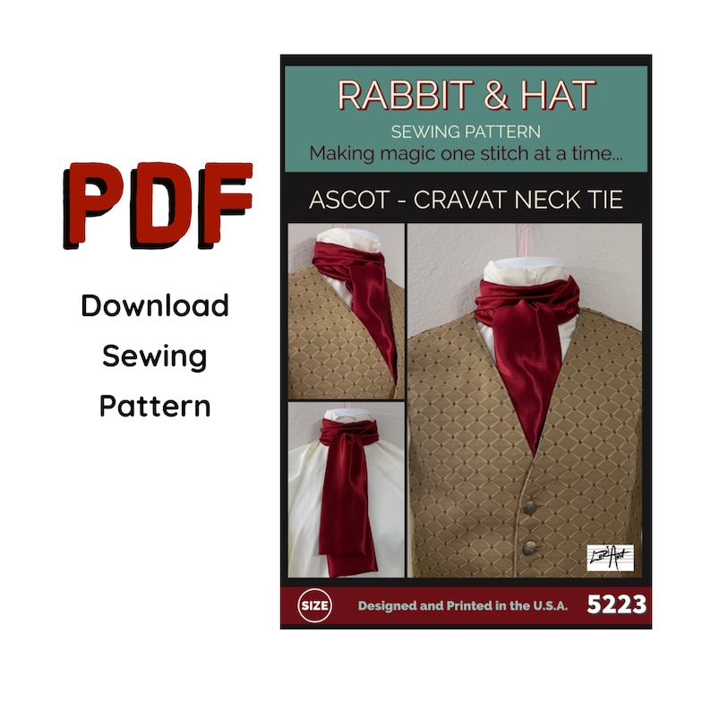 Puede incluir: Patr&oacute;n de costura PDF para una corbata de lazo o cravat roja. El patr&oacute;n se titula "Rabbit & Hat Sewing Pattern: Making magic one stitch at a time... Ascot - Cravat Neck Tie" y tiene el n&uacute;mero 5223.