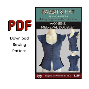 May include: A PDF sewing pattern for a women's medieval doublet. The pattern includes instructions for creating a blue doublet with a front closure and side ties. The image also features the text "Rabbit & Hat Sewing Pattern" and "Download Sewing Pattern."