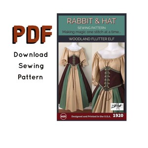 Puede incluir: Patrón de costura PDF para un disfraz de Elfo de Bosque. El patrón incluye un vestido con un corpiño marrón, una falda verde y beige y un sombrero a juego. El patrón está diseñado e impreso en los EE. UU. y es de talla 1920.