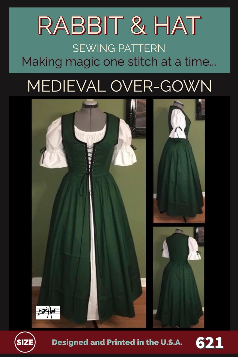 MEDIEVAL OVER GOWN 621 New Rabbit and Hat Sewing Pattern Step by Step Photo Instructions image 2