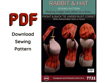 PDF 5X Front and Back Tie Under Bust Corset w/ Detachable Add-a-Hood 7721 New Rabbit and Hat Sewing Pattern Photo Instructions