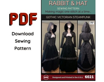 PDF Plus Size 4X Gothic Victorian Steampunk Hooded Shrug Top Corset, Tails, A-line and High Low Skirts 6021 Rabbit and Hat Sewing Pattern