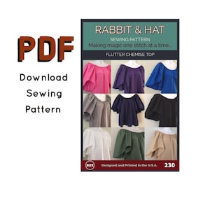 Puede incluir: Un patrón de costura para una blusa de quimono con volantes, con el título "RABBIT & HAT SEWING PATTERN Making magic one stitch at a time..." y el texto "Designed and Printed in the U.S.A. 230". El patrón muestra diferentes variaciones de color de la blusa, incluyendo rosa, morado, azul, gris, azul marino, negro, blanco, verde y beige.