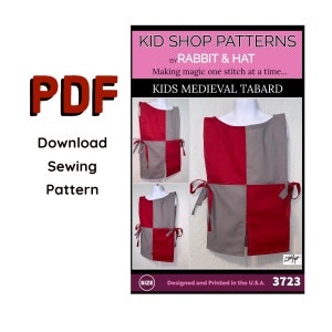 May include: PDF sewing pattern for a children's medieval tabard. The pattern features a red and grey chequered design with ties at the sides. The pattern is designed and printed in the U.S.A. and is available in size 3723.