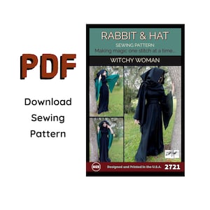 Taille PDF 3X écharpe à capuche femme sorcière et robe nuisette fantaisie 2721 nouveau patron de couture lapin et chapeau sorcière d&#39;Halloween vampire gothique