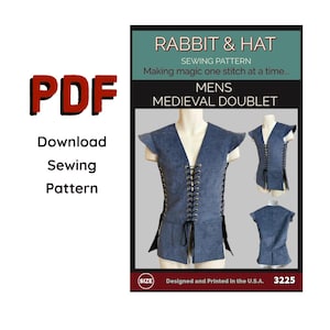May include: A PDF sewing pattern for a medieval doublet, titled Rabbit & Hat. The pattern features a blue, sleeveless, lace-up vest with a V-neckline and side slits. The cover displays front and back views of the garment on a mannequin.
