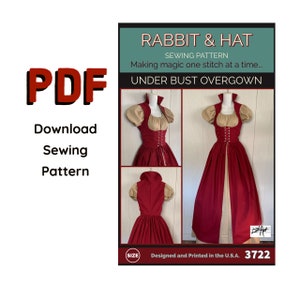 PDF Plus Size 2X Medieval Under Bust Over Gown w/Collar 3722 Rabbit and Hat Sewing Pattern Plus Dress Costume Fantasy Renaissance Garb