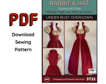 PDF Size LARGE Medieval Under Bust Over Gown w/Collar 3722 Rabbit and Hat Sewing Pattern Photo Instructions Dress Costume Fantasy