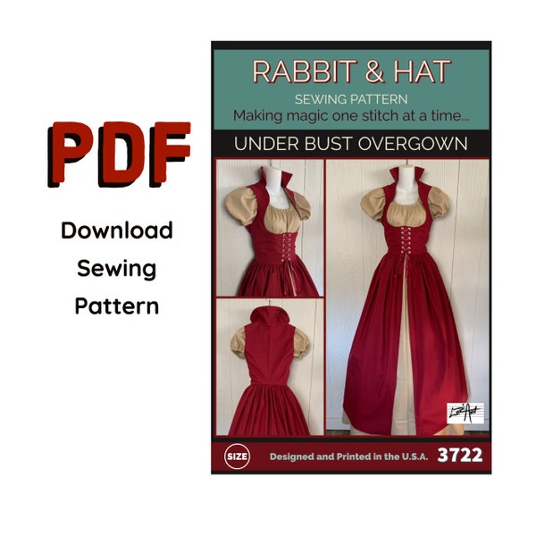 PDF Size MEDIUM Medieval Under Bust Over Gown w/Collar 3722 Rabbit and Hat Sewing Pattern Photo Instructions Dress Costume Fantasy