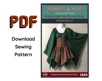 PDF Size MEDIUM Woodland Elf Dagget Sleeve Fantasy Chemise Top Waist Cincher, Handkerchief Jagged Skirt 1820 New Rabbit & Hat Sewing Pattern