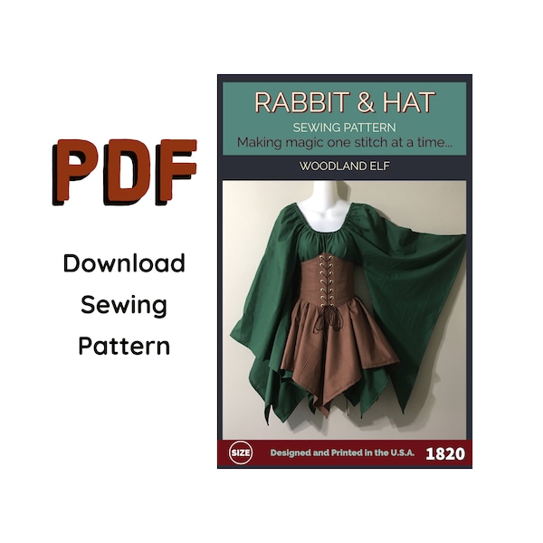 PDF Size 1X Woodland Elf Dagget Sleeve Fantasy Chemise Top Waist Cincher, Handkerchief Jagged Skirt 1820 New Rabbit & Hat Sewing Pattern