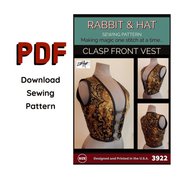 PDF SIZE 3X Clasp Front Vest 3922 Rabbit and Hat Sewing Pattern Step Instructions and Photos Womens Steampunk Waistcoat Victorian Top