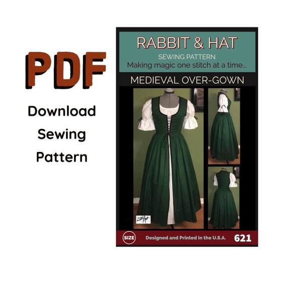 PDF Plus Size 3X Mittelalterliches Über-Gewand 621 Neues Kaninchen & Hut Schnittmuster Detaillierte Fotos Schritt für Schritt Renaissance Gewand Kleid Kostüm