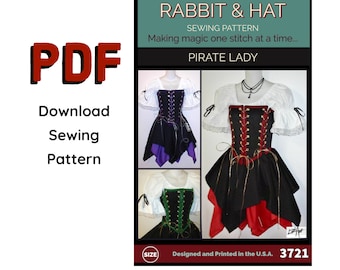 PDF Size 2X Pirate Lady 4-Tie Triple Adjustable Bodice Short Sleeve Ruffle Top, and Jagged Skirt, 3721 New Rabbit and Hat Sewing Pattern