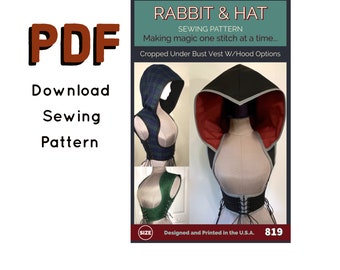 PDF Size MEDIUM Cropped Hoodie Under Bust Hooded Vest Cosplay Video Game 819 New Rabbit & Hat Sewing Pattern Detailed Instruction Photos