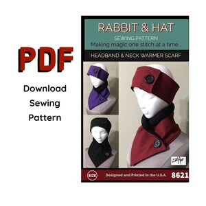 May include: PDF sewing pattern for a rabbit hat and neck warmer scarf. The pattern includes instructions for making a headband and neck warmer scarf in three different colors: purple, black, and red.