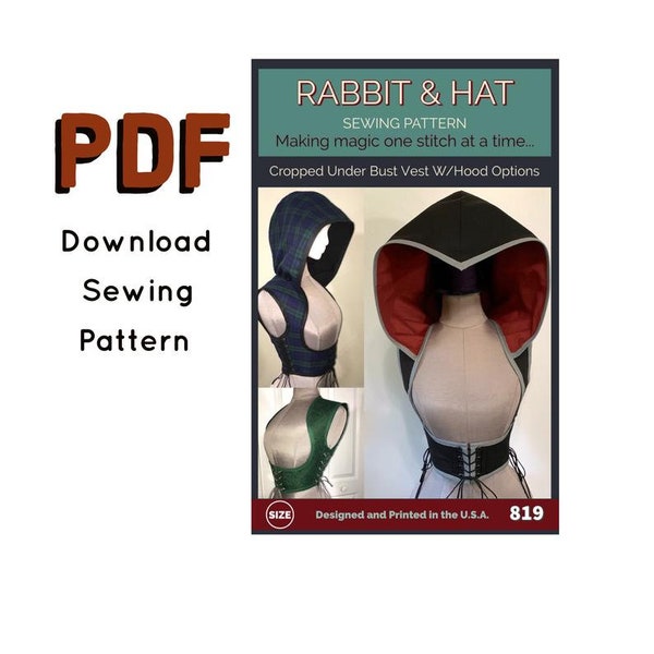 PDF Size XS Cropped Hoodie Under Bust Hooded Vest Cosplay Video Game 819 New Rabbit & Hat Sewing Pattern Detailed Instruction Photos