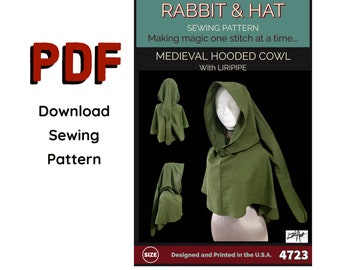 PDF Simple Medieval Hooded Cowl with Liripipe 4723 New Rabbit and Hat Sewing Pattern Renaissance Medieval Faire Garb Hat Top Hoodie Hood