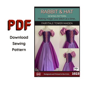 PDF Größe 5X Märchenturm Maiden Mieder Puffärmel Chemise Top Bluse und Panel Rock 1023 Kaninchen und Hut Schnittmuster Kostüm Gewand