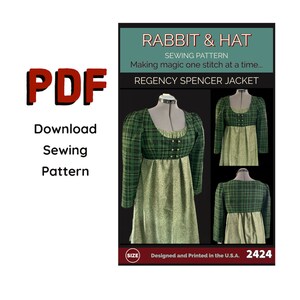 May include: PDF sewing pattern for a Regency Spencer Jacket. The pattern includes instructions for making a green and white plaid jacket with a fitted bodice and long sleeves. The pattern is designed and printed in the U.S.A. and has a pattern number of 2424.