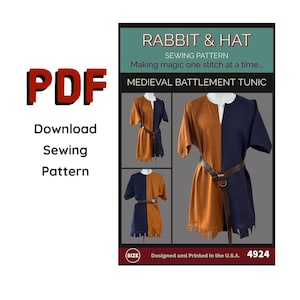PDF Size 3X - MENS Short Sleeve Medieval Battlement Tunic Shirt 4924 New Rabbit and Hat Sewing Pattern Viking Norse Costume Top