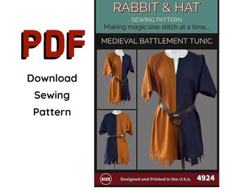 May include: PDF sewing pattern for a medieval tunic with a battlement neckline. The pattern includes instructions for making a tunic with a contrasting color panel down the front. The pattern is designed and printed in the USA.