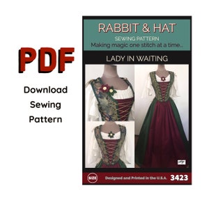 PDFGröße GROSSE abwartende Dame BUNDLE - 3423 Neuer Hase und Hut Schnittmuster Renaissance Mittelalter Oberteil, Rock, Mieder und Blumen Clips