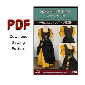 Puede incluir: Un patrón de costura para un vestido amarillo y negro con corpiño y falda. El patrón se llama "Rabbit & Hat" e incluye instrucciones para hacer un vestido con corpiño y falda. El patrón está diseñado e impreso en los EE. UU. y tiene una guía de tallas.