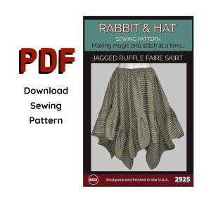 Puede incluir: Un patrón de costura PDF para una falda Jagged Ruffle Faire. La imagen muestra un diseño de falda a rayas verdes y blancas. El texto de la imagen dice "Rabbit & Hat Sewing Pattern" y "Making magic one stitch at a time..." El patrón está diseñado e impreso en EE. UU.